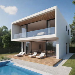 Generate a 3D image of a modern architectural house, with detailed interior and exterior views.