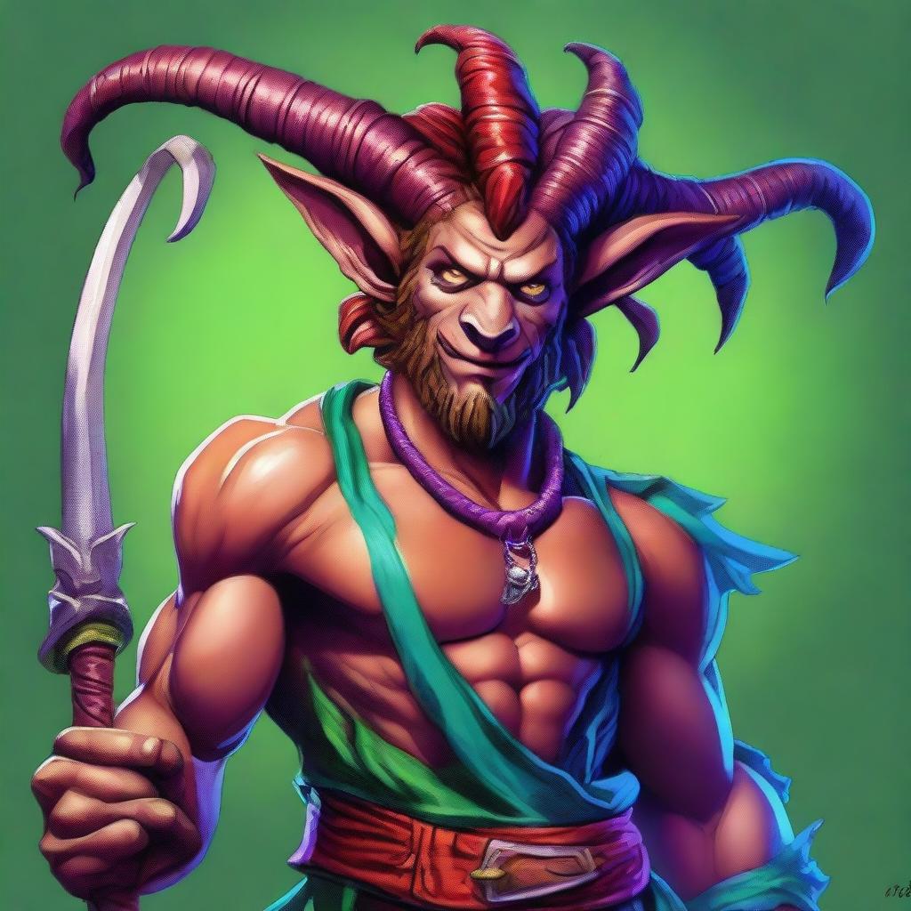 This premium digital art image features a Satyr from Dungeons and Dragons in the role of a Jester Fighter
