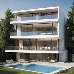 Generate a 3D image of a modern architectural house, with detailed interior and exterior views.