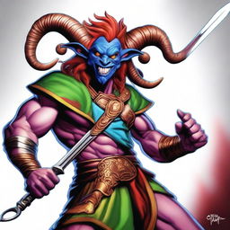 This premium digital art image features a Satyr from Dungeons and Dragons in the role of a Jester Fighter
