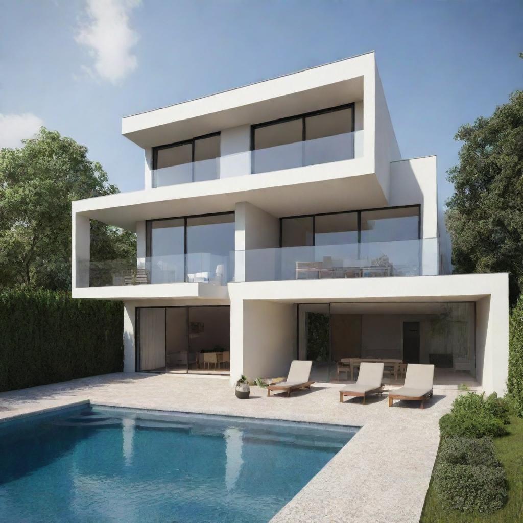 Generate a 3D image of a modern architectural house, with detailed interior and exterior views.