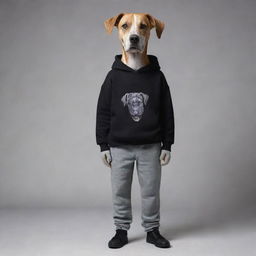 An anthropomorphic figure standing at six feet tall with a detailed dog face, dressed in a black sweatshirt and grey pants.