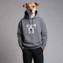 An anthropomorphic figure standing at six feet tall with a detailed dog face, dressed in a black sweatshirt and grey pants.