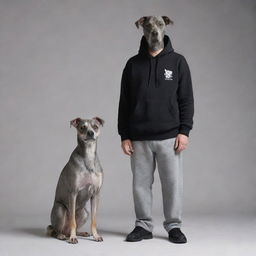 An anthropomorphic figure standing at six feet tall with a detailed dog face, dressed in a black sweatshirt and grey pants.