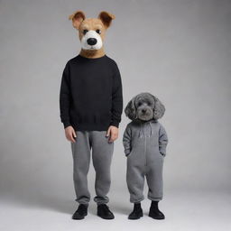 An anthropomorphic figure standing at six feet tall with a detailed dog face, dressed in a black sweatshirt and grey pants.