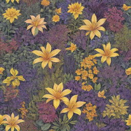 A vibrant garden filled with fantasy plants in hues of yellow and purple