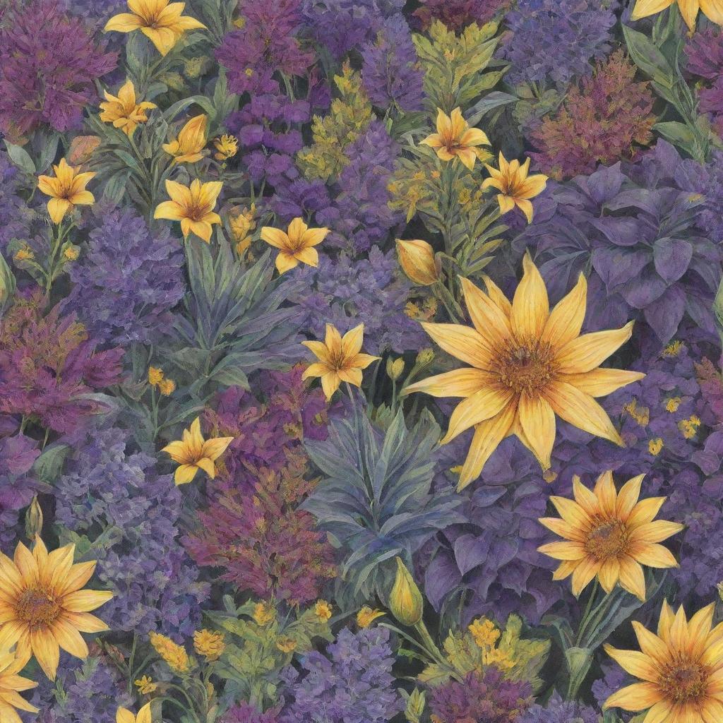 A vibrant garden filled with fantasy plants in hues of yellow and purple