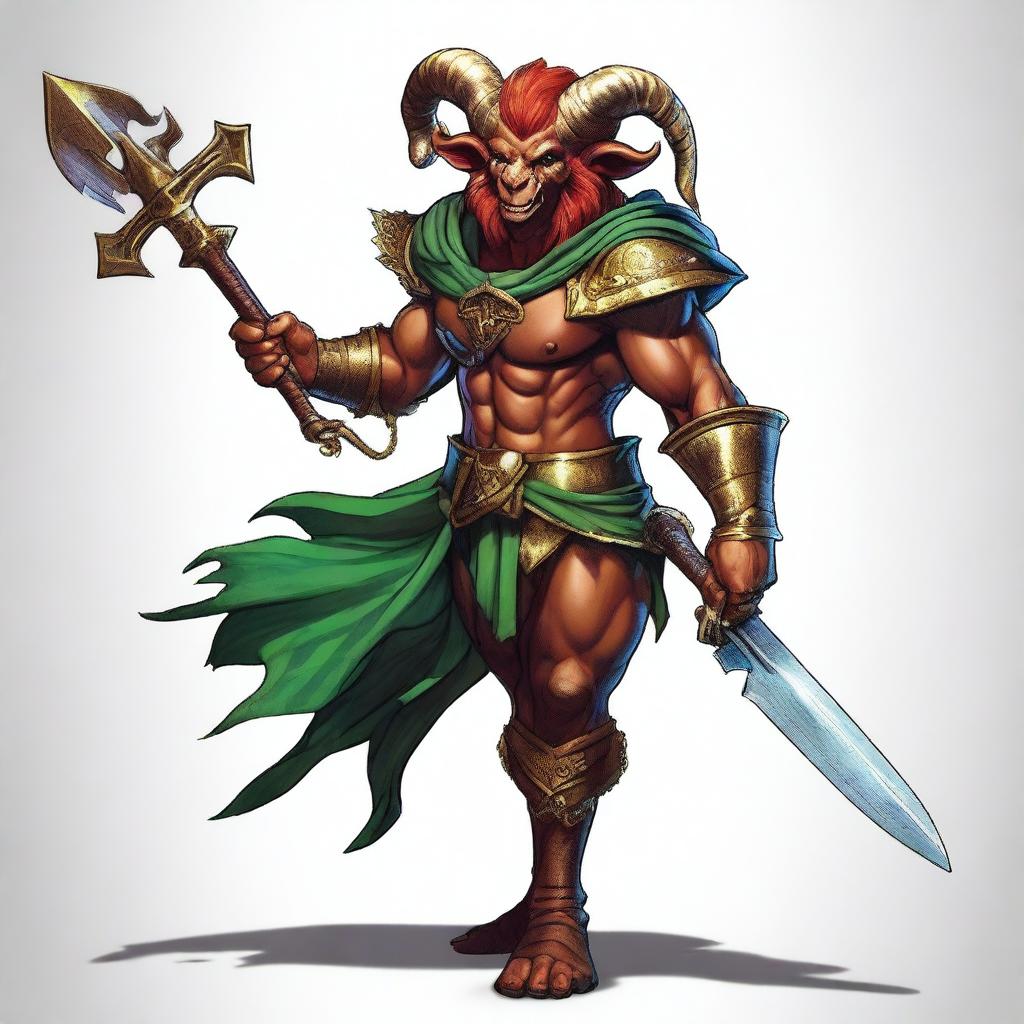 This is a high-quality digital art image showcasing a Satyr from Dungeons and Dragons, dressed as a Jester Fighter in armor