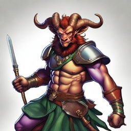 This is a high-quality digital art image showcasing a Satyr from Dungeons and Dragons, dressed as a Jester Fighter in armor