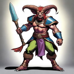 This is a high-quality digital art image showcasing a Satyr from Dungeons and Dragons, dressed as a Jester Fighter in armor