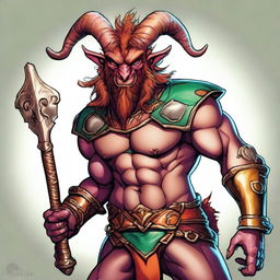 This is a high-quality digital art image showcasing a Satyr from Dungeons and Dragons, dressed as a Jester Fighter in armor