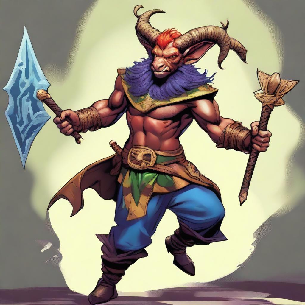 This is a high-resolution digital art image showcasing a Satyr from Dungeons and Dragons, dressed as a Jester Fighter in armor, with a hint of a criminal background