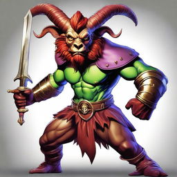 This is a high-resolution digital art image showcasing a Satyr from Dungeons and Dragons, dressed as a Jester Fighter in armor, with a hint of a criminal background