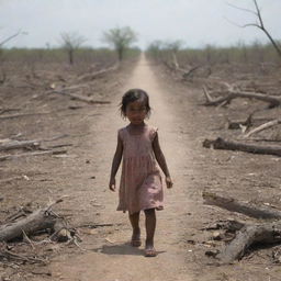 A close view of a little girl named Maya entering a desolate landscape in the South Region, characterized by scattered debris and fallen trees symbolizing destruction and isolation.