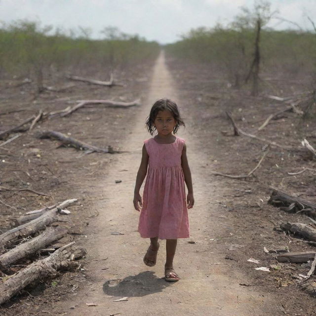 A close view of a little girl named Maya entering a desolate landscape in the South Region, characterized by scattered debris and fallen trees symbolizing destruction and isolation.