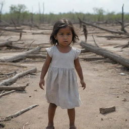 A close view of a little girl named Maya entering a desolate landscape in the South Region, characterized by scattered debris and fallen trees symbolizing destruction and isolation.