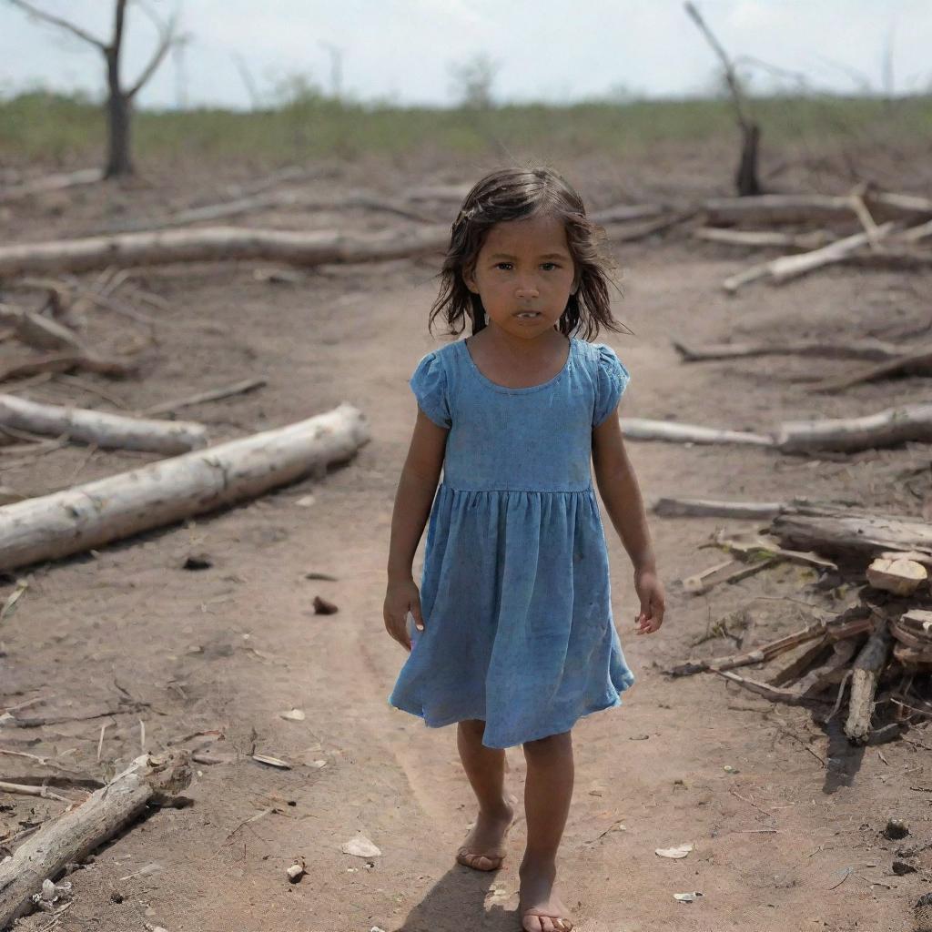 A close view of a little girl named Maya entering a desolate landscape in the South Region, characterized by scattered debris and fallen trees symbolizing destruction and isolation.