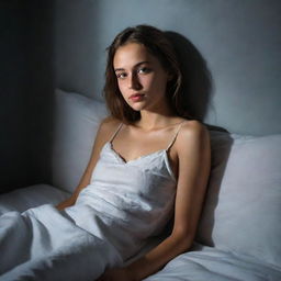 Portrait of a beautiful, peaceful young girl lying in bed, bathed in serene moonlight casting intriguing shadows on the walls.