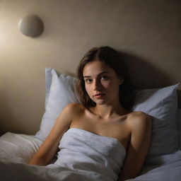 Portrait of a beautiful, peaceful young girl lying in bed, bathed in serene moonlight casting intriguing shadows on the walls.