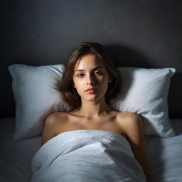 Portrait of a beautiful, peaceful young girl lying in bed, bathed in serene moonlight casting intriguing shadows on the walls.