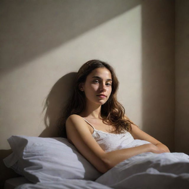 Portrait of a beautiful, peaceful young girl lying in bed, bathed in serene moonlight casting intriguing shadows on the walls.