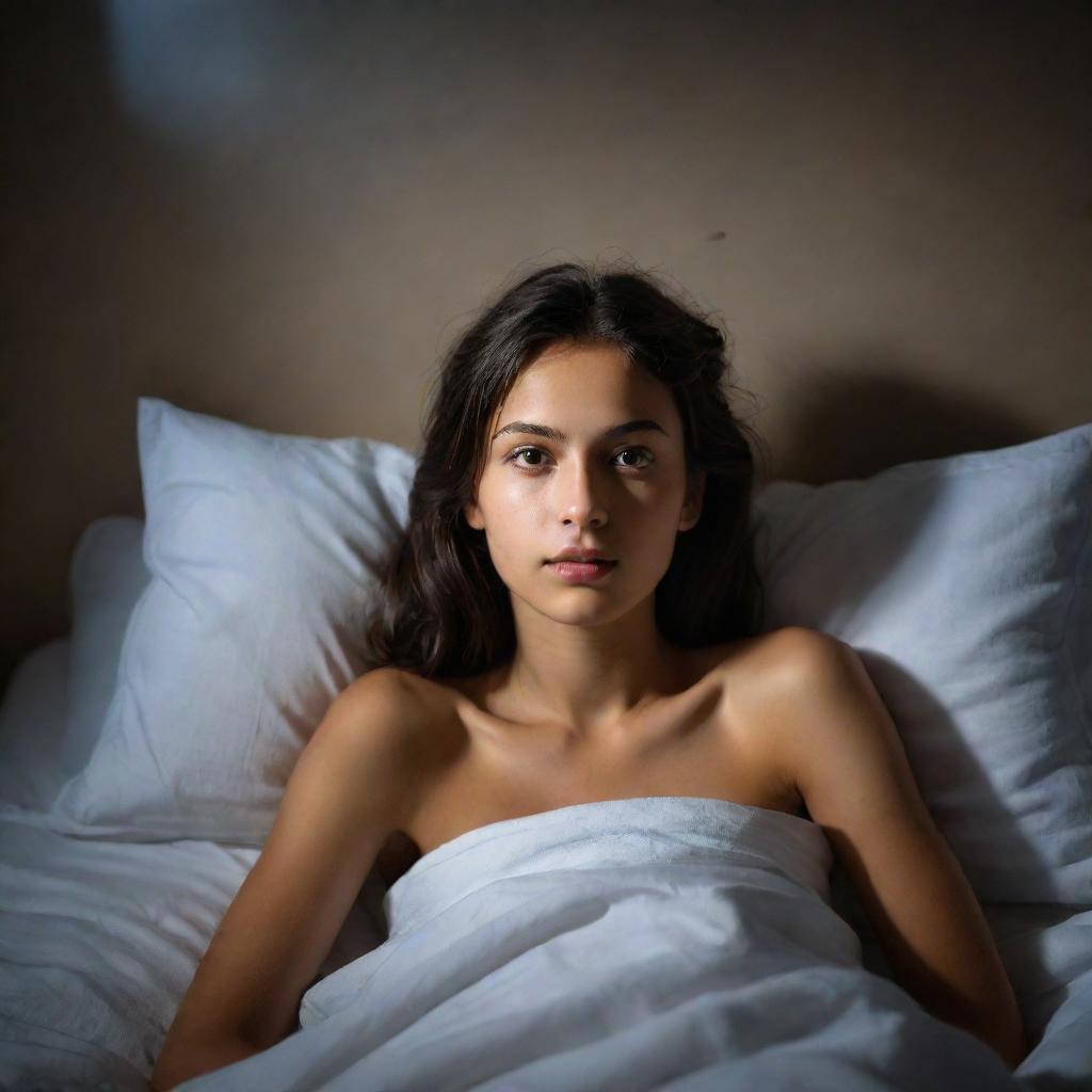 Portrait of a beautiful, peaceful young girl lying in bed, bathed in serene moonlight casting intriguing shadows on the walls.