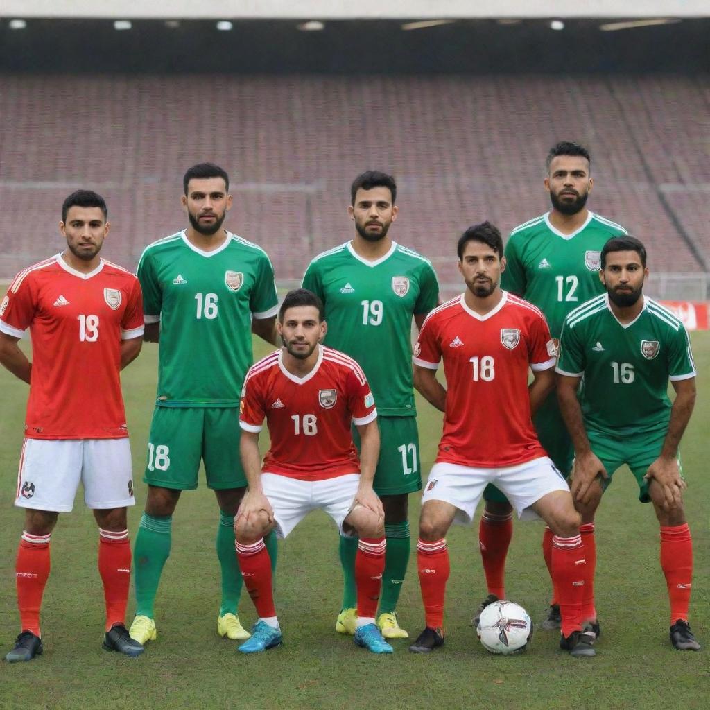 Group shot of the Iraqi football team proudly wearing their team uniforms, on a football field, with the Asian Club logo featured prominently.