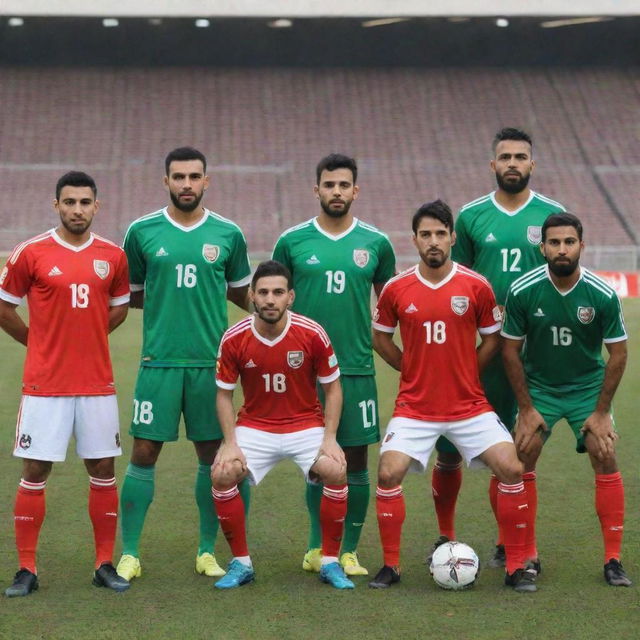 Group shot of the Iraqi football team proudly wearing their team uniforms, on a football field, with the Asian Club logo featured prominently.