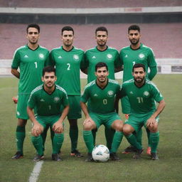 Group shot of the Iraqi football team proudly wearing their team uniforms, on a football field, with the Asian Club logo featured prominently.