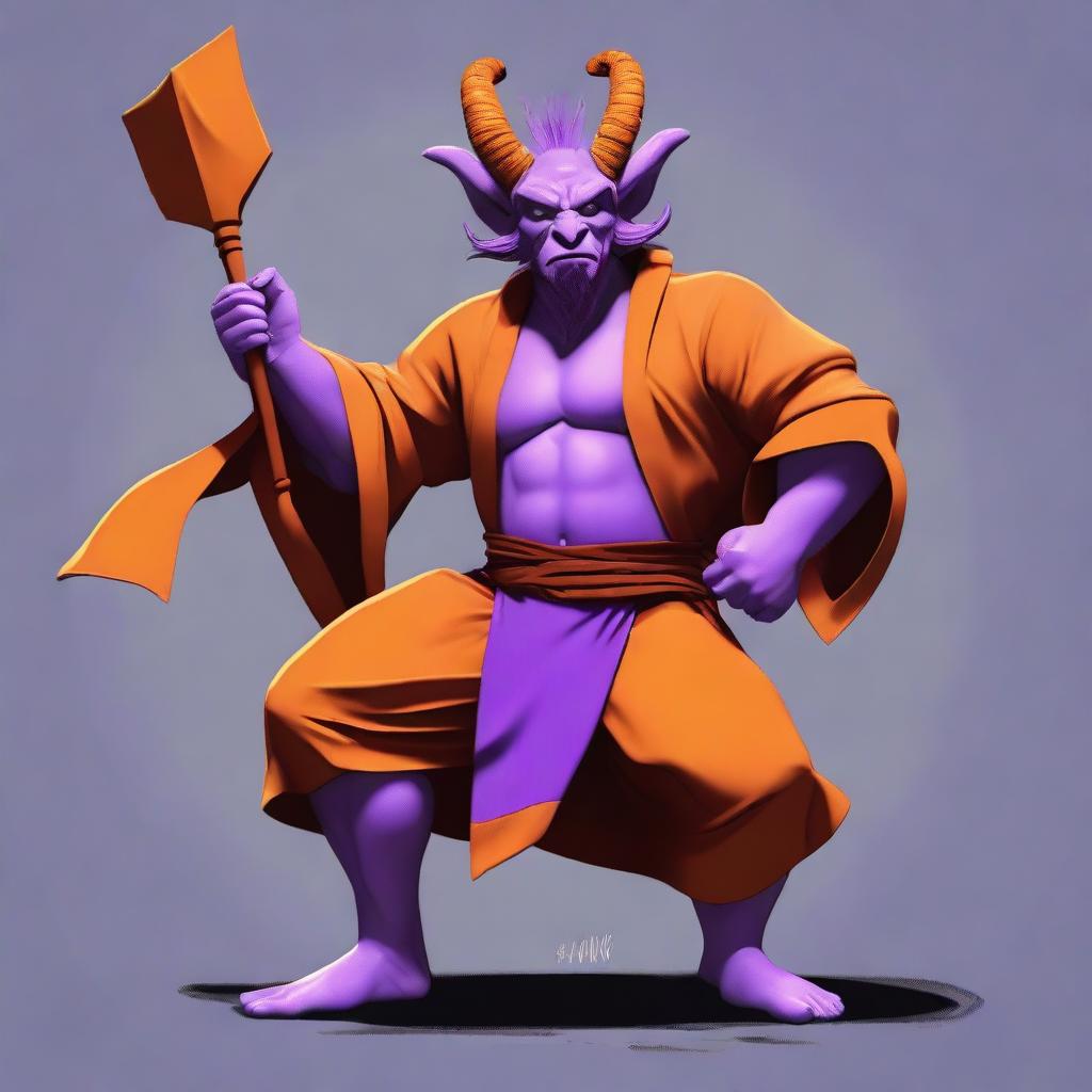 A captivating digital art piece showcases a light purple Satyr, garbed in an orange monk robe, playing the part of a jester