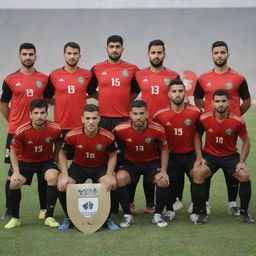 Group shot of the Iraqi football team proudly wearing their team uniforms, on a football field, with the Asian Club logo featured prominently.