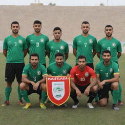 Group shot of the Iraqi football team proudly wearing their team uniforms, on a football field, with the Asian Club logo featured prominently.