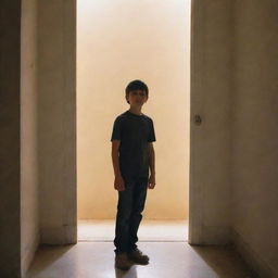 A 10-year-old boy standing in front of a large door illuminated with bright white light