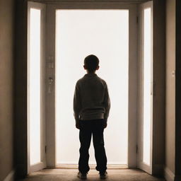 A 10-year-old boy standing in front of a large door illuminated with bright white light