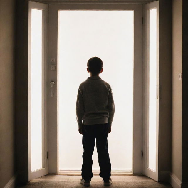 A 10-year-old boy standing in front of a large door illuminated with bright white light