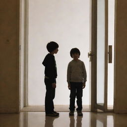 A 10-year-old boy standing in front of a large door illuminated with bright white light