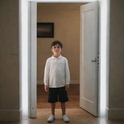 A 10-year-old boy standing in front of a large door illuminated with bright white light