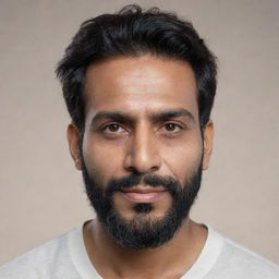 Generate a hyper-realistic 8K resolution image of an Indian man, with wheatish skin tone, 5 feet 3 inches tall, weighing 68 kgs, with black one-sided hairstyle.