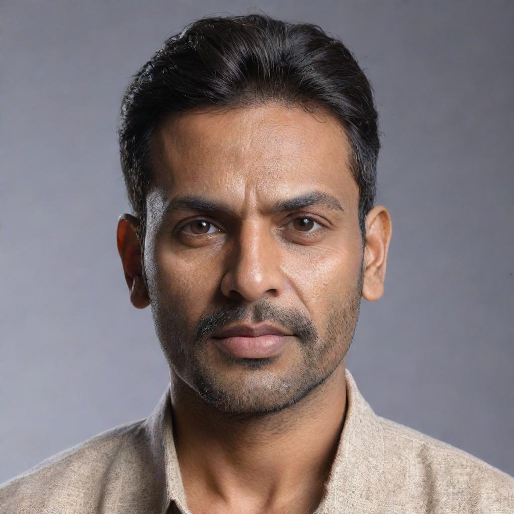 Generate a hyper-realistic 8K resolution image of an Indian man, with wheatish skin tone, 5 feet 3 inches tall, weighing 68 kgs, with black one-sided hairstyle.