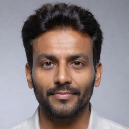 Generate a hyper-realistic 8K resolution image of an Indian man, with wheatish skin tone, 5 feet 3 inches tall, weighing 68 kgs, with black one-sided hairstyle.