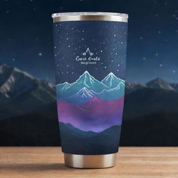 Design a tumbler wrap featuring mountains lit by aura lights in the nighttime, accompanied by an inspiring quote.