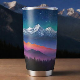 Design a tumbler wrap featuring mountains lit by aura lights in the nighttime, accompanied by an inspiring quote.