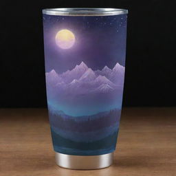 Design a tumbler wrap featuring mountains lit by aura lights in the nighttime, accompanied by an inspiring quote.