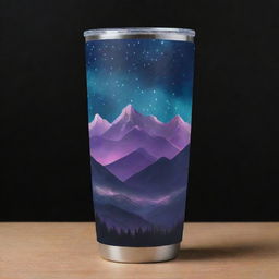 Design a tumbler wrap featuring mountains lit by aura lights in the nighttime, accompanied by an inspiring quote.