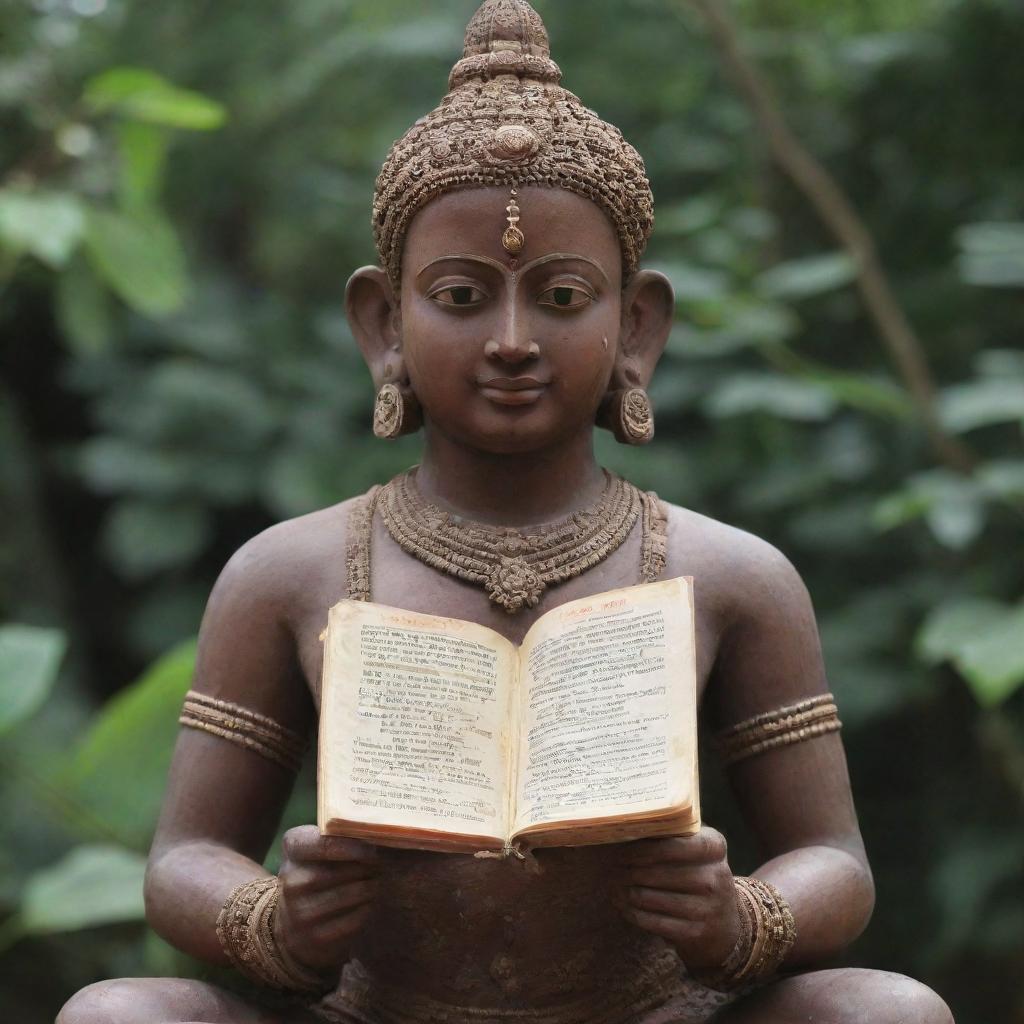 Statue of Lord Ram, holding a ramayan book, text written by a 3-year-old kid inscribed on it