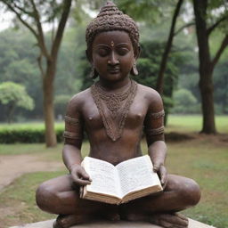 Statue of Lord Ram, holding a ramayan book, text written by a 3-year-old kid inscribed on it