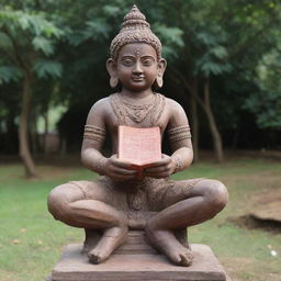 Statue of Lord Ram, holding a ramayan book, text written by a 3-year-old kid inscribed on it