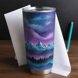 Create a tumbler wrap design featuring mountains under aura lights at night, with an inspiring quote displayed on a piece of paper.