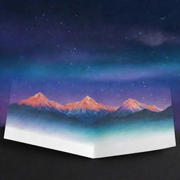 Create a tumbler wrap design featuring mountains under aura lights at night, with an inspiring quote displayed on a piece of paper.