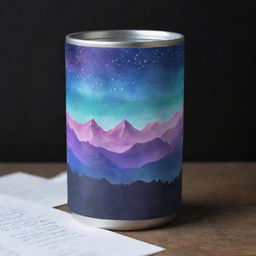 Create a tumbler wrap design featuring mountains under aura lights at night, with an inspiring quote displayed on a piece of paper.